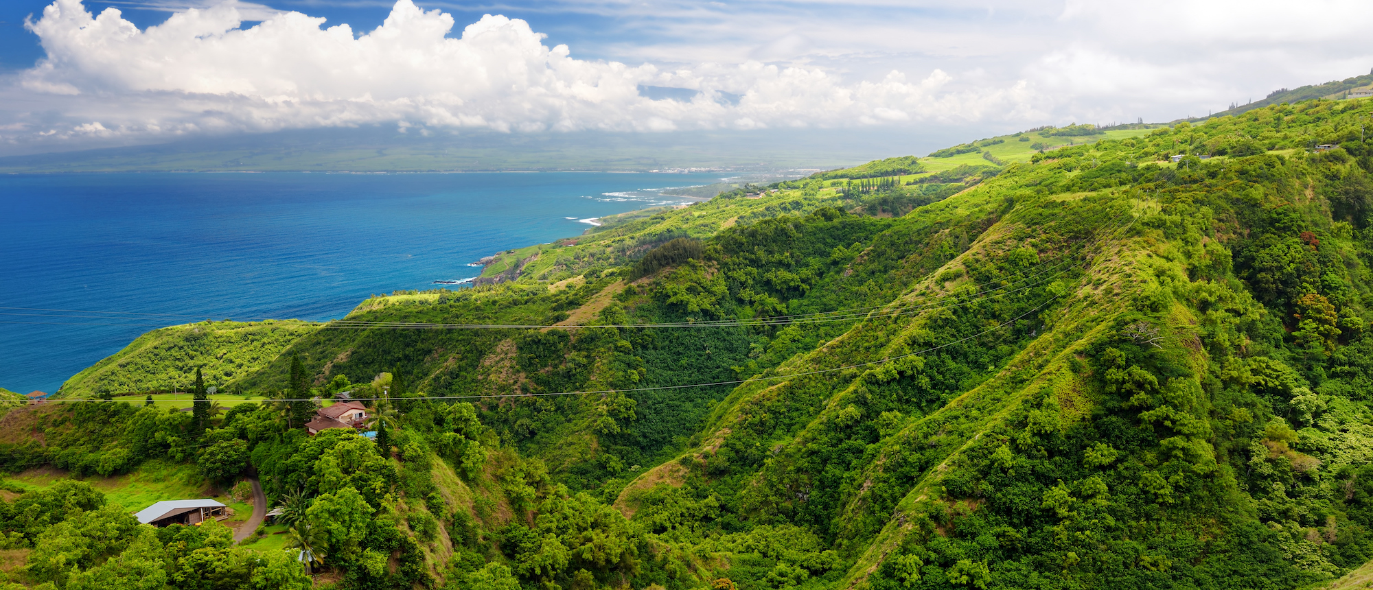 Stunning landscape view seen from Waihee Ridge Trail, overlooking Kahului and Haleakala, Maui, Hawaii, USA